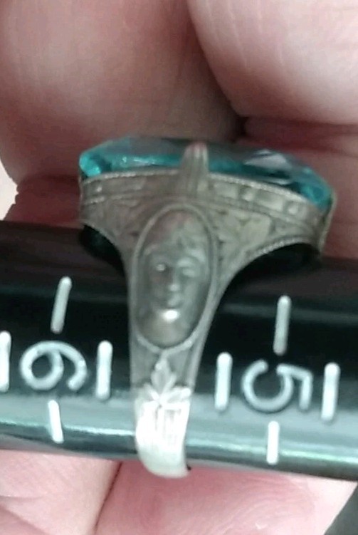 Antique Art Deco Sterling Silver Ring Czech blue Glass Size 5 1/2