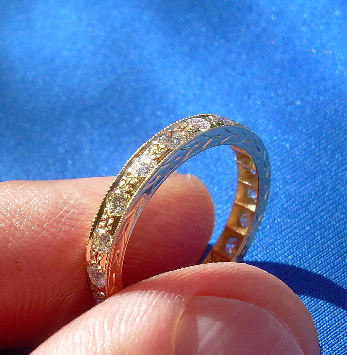 ORIGINAL EARTH MINED DIAMOND Deco Wedding Band SOLID 14K GOLD Eternity Ring 9.5