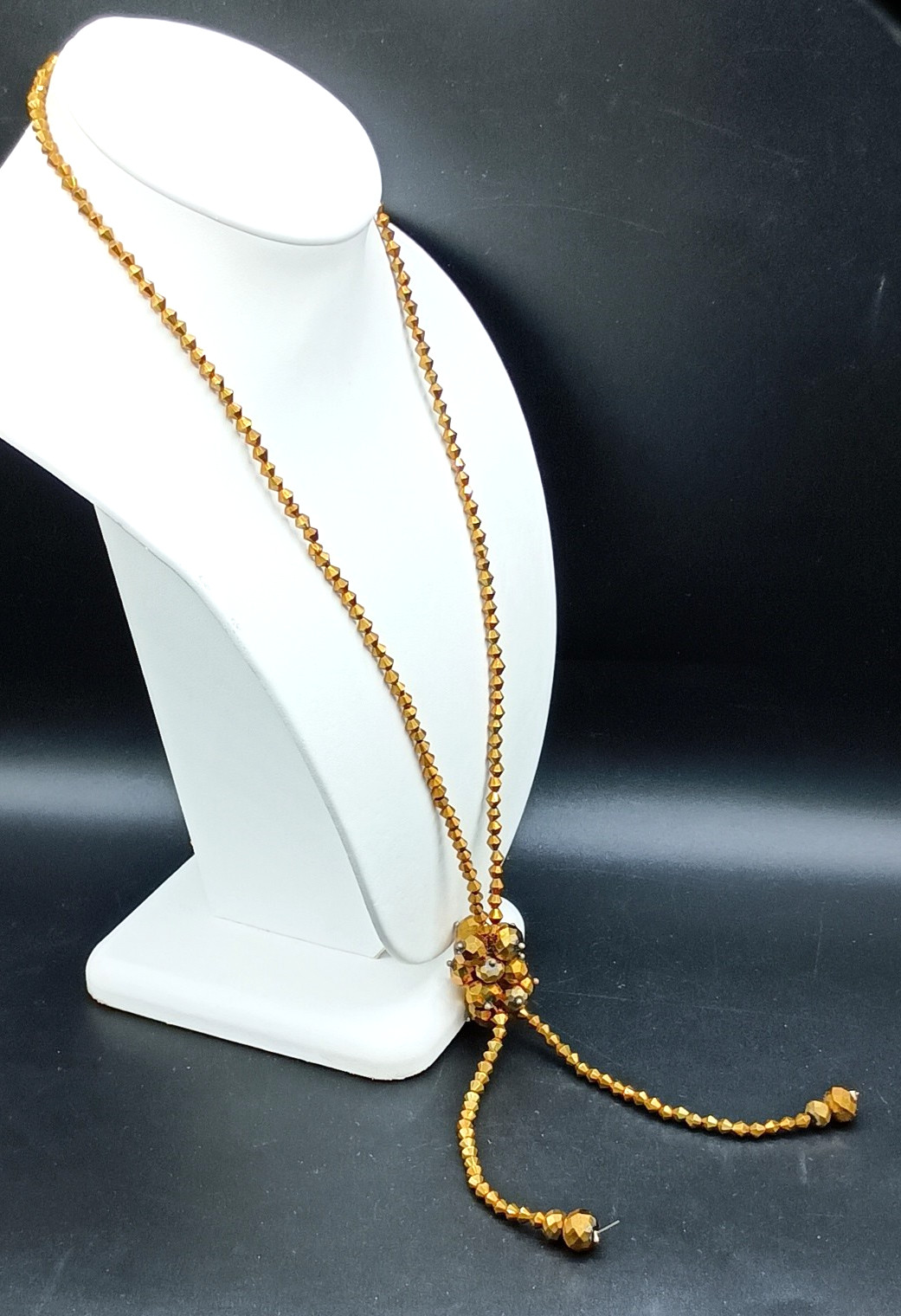 Vintage Lariat Tassel Necklace Beaded Gold Tone Faceted Bicone Sparkle Bow 29″