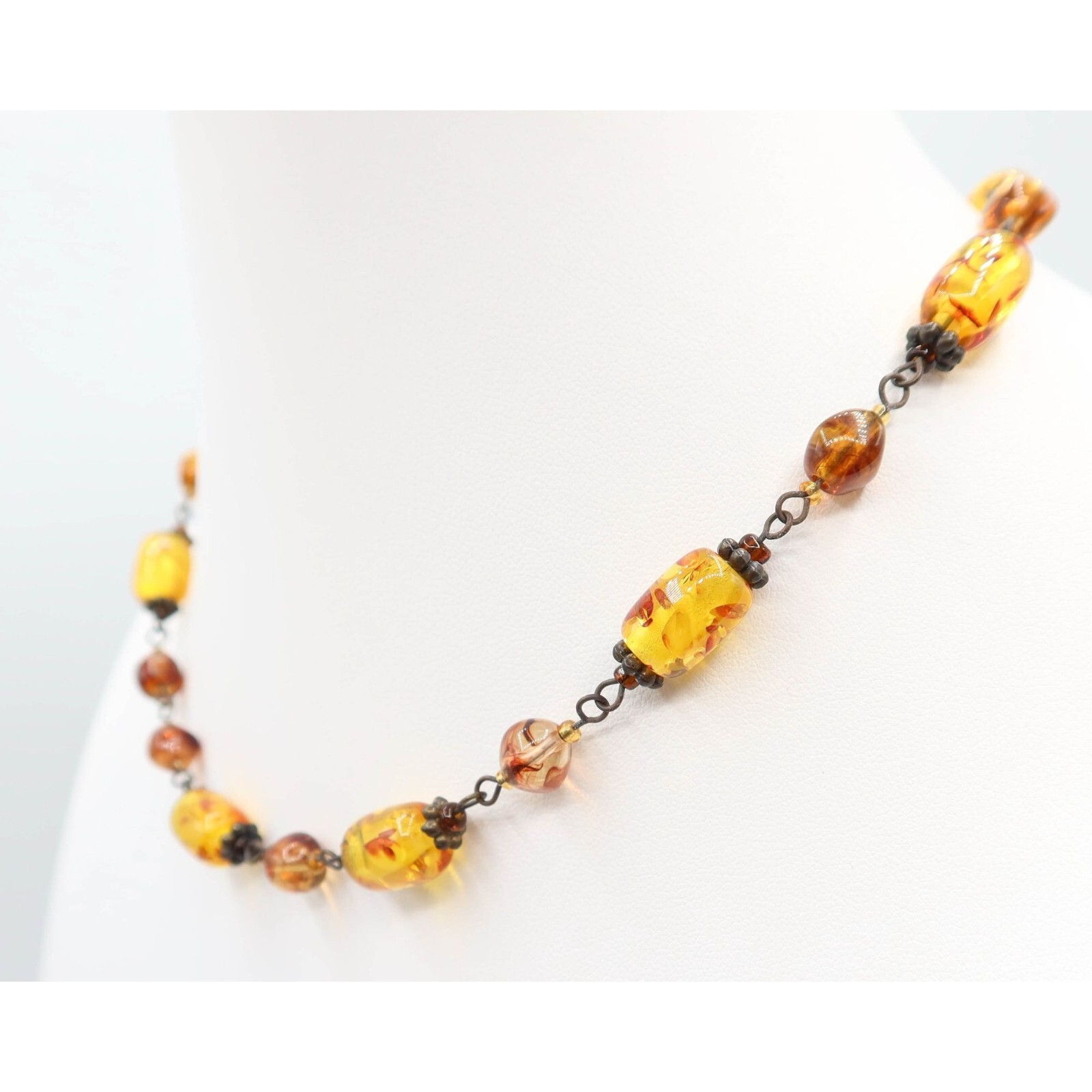 Faux Amber Bead & Antiqued Brass Choker Fashion Necklace 19″ Unsigned