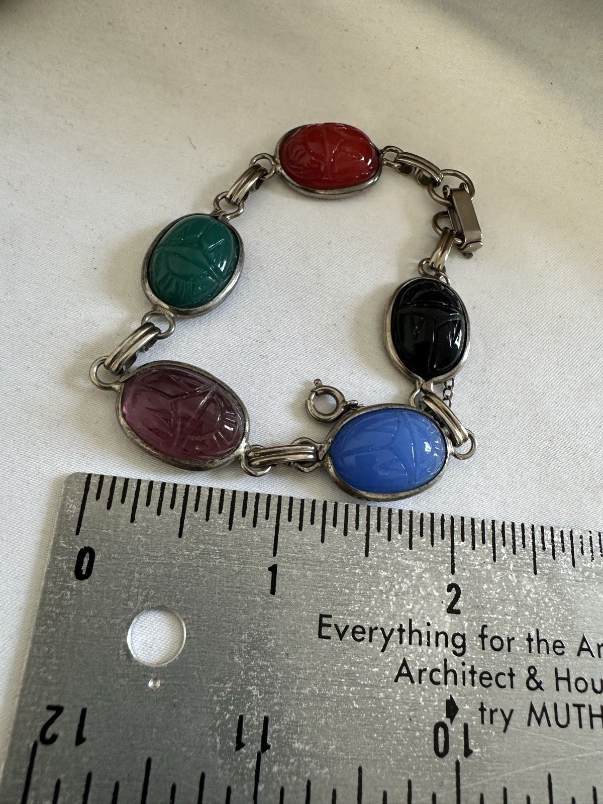 vintage Egyptian Revival scarab bracelet with multicolor glass Silver Tone