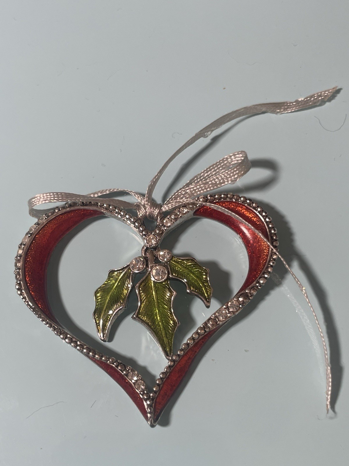 LC Signed Christmas Heart Ornament Brooch Red Enamel Holly Rhinestone Holiday Pi