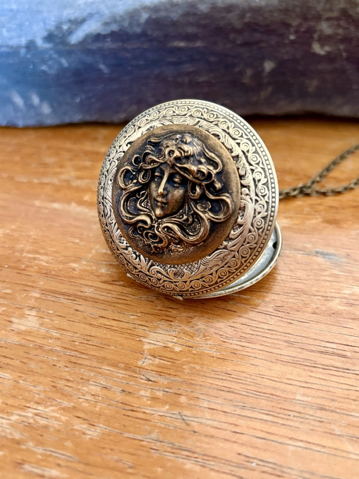 Vintage Goddess Lady w/ Headpiece Locket Necklace, Art Nouveau Victorian Pendant
