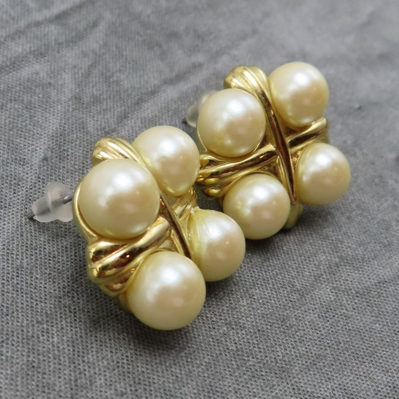 Givenchy Vintage Earrings White Pearl Gold Cross .75 inch Chunky Studs 846f
