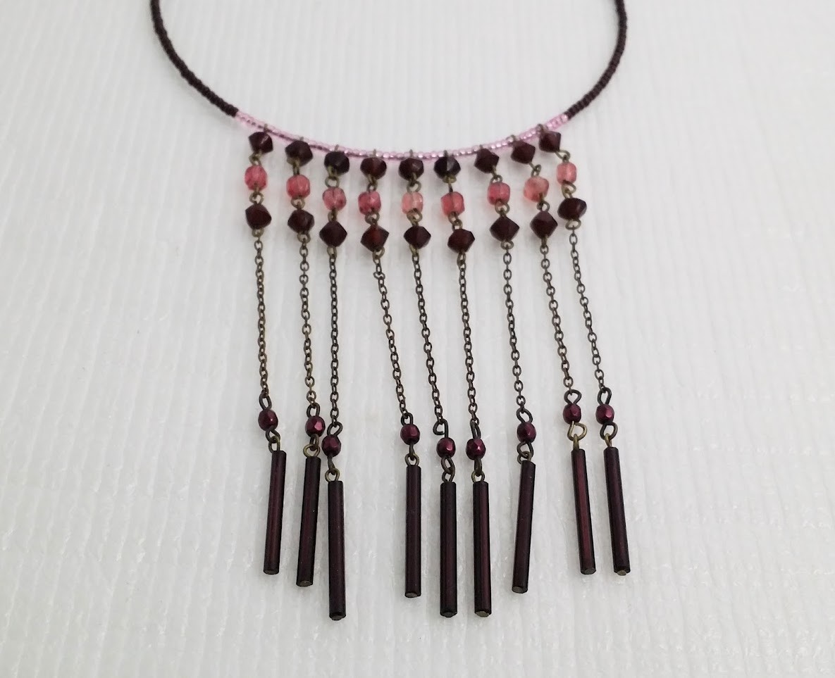 Vintage Coil Wire Beaded Fringe Choker Necklace