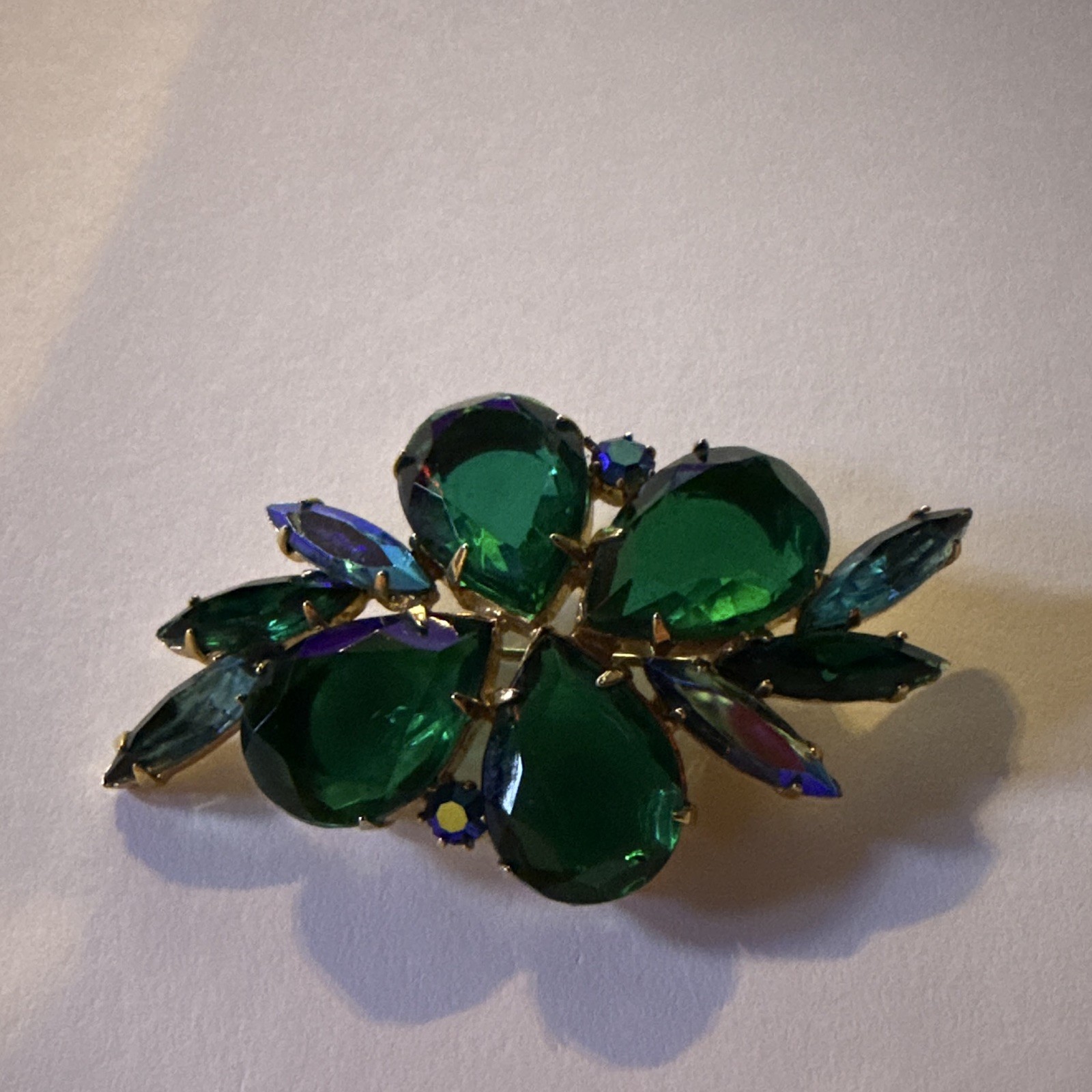 Vintage Green Flower Pearcut Large Center Rhinestone Framed by Navette