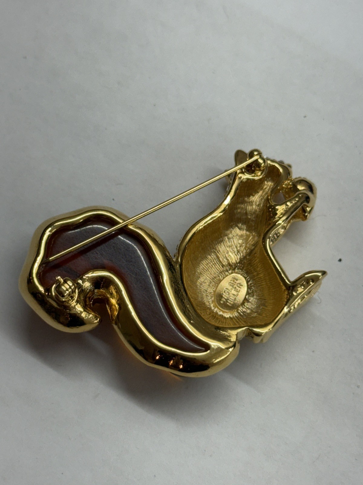 Swarovski Rhinestone & Amber Lucite Squirrel Nolan Miller Brooch pin