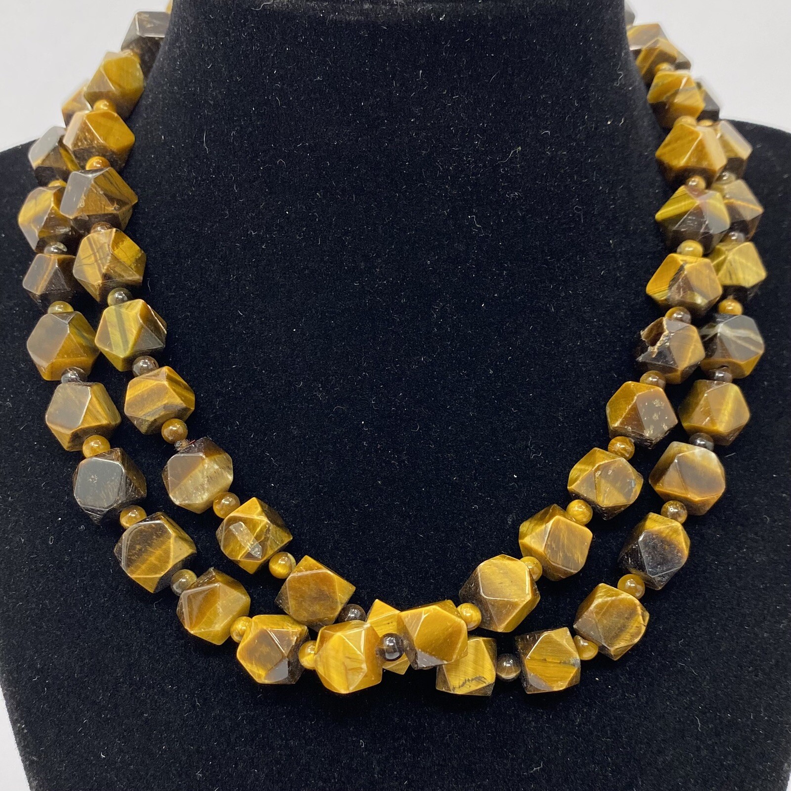 Vintage NATURAL Golden Brown TIGER EYE Necklace Geometric Cut Cube Beaded