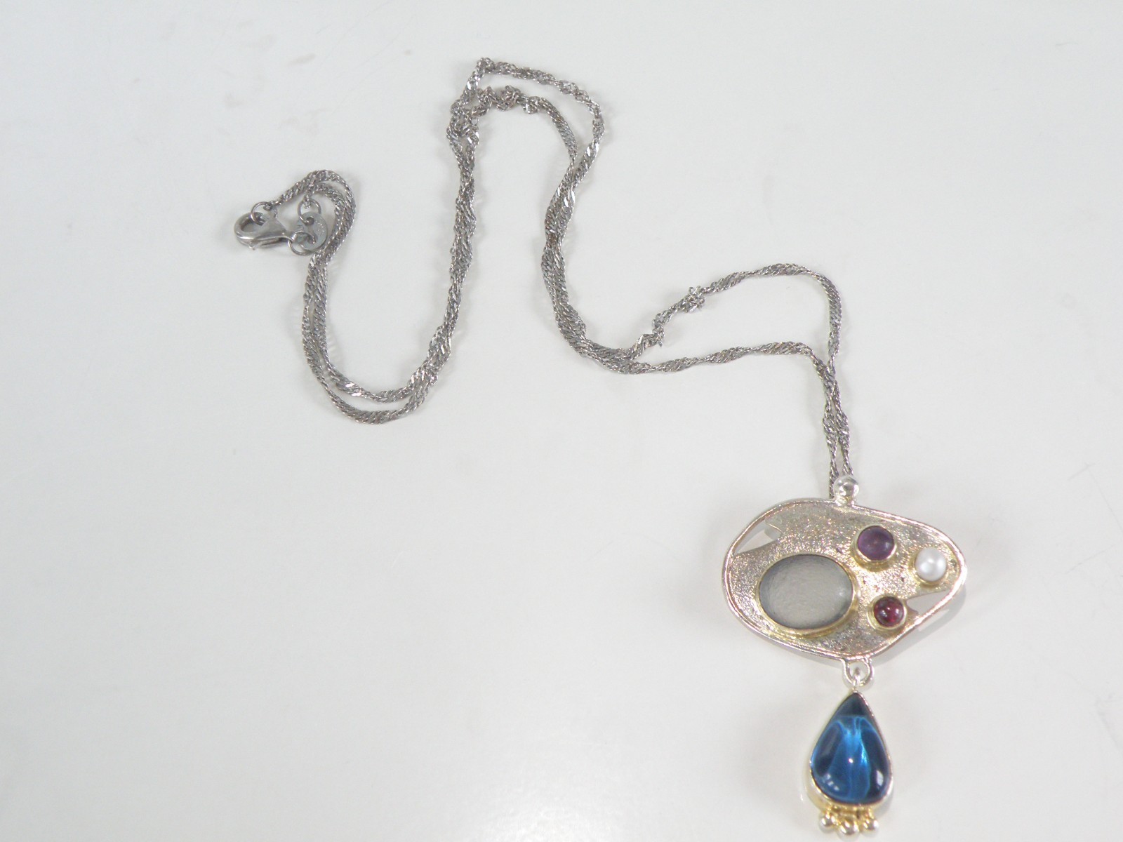 Artisan Sterling Silver 925 Beach Glass Gemstone Modernist Pendant Necklace 18.5