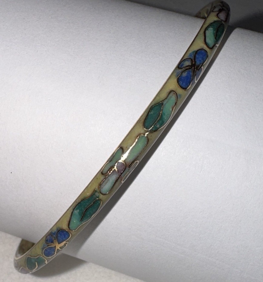 Vintage Cloisonne Floral Bangle Bracelet Enamel Gold Tone Yellow Green Pink Blue