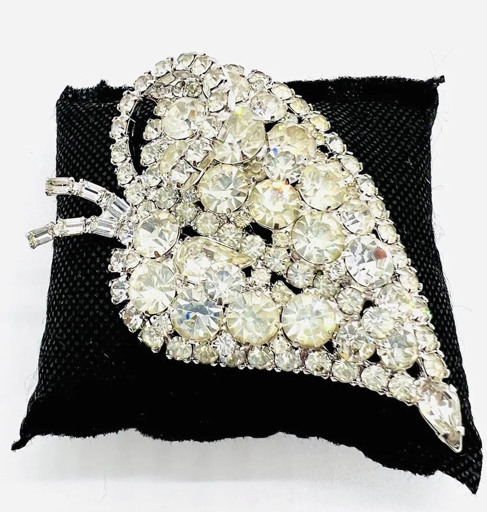 HUGE Sparkling Clear Rhinestone Stylized Fruit Brooch 3 1/4 Inch Vintage Jewelry