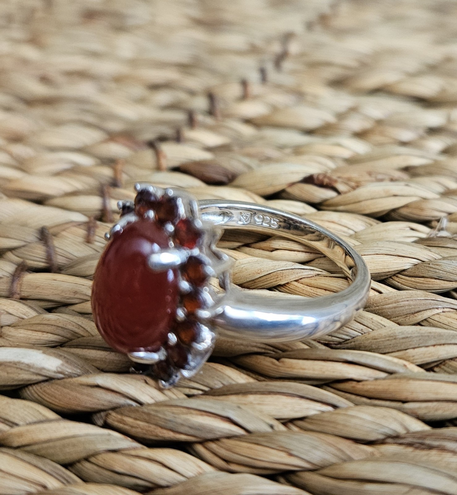 Orange Jade 12 mm Cabochon with Garnets .925 Sterling Silver Ring size 6.75