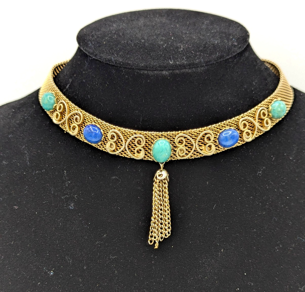 Vintage Gold Tone Mesh Choker Tassel Necklace Lapis Jadeite Stone Cabochons
