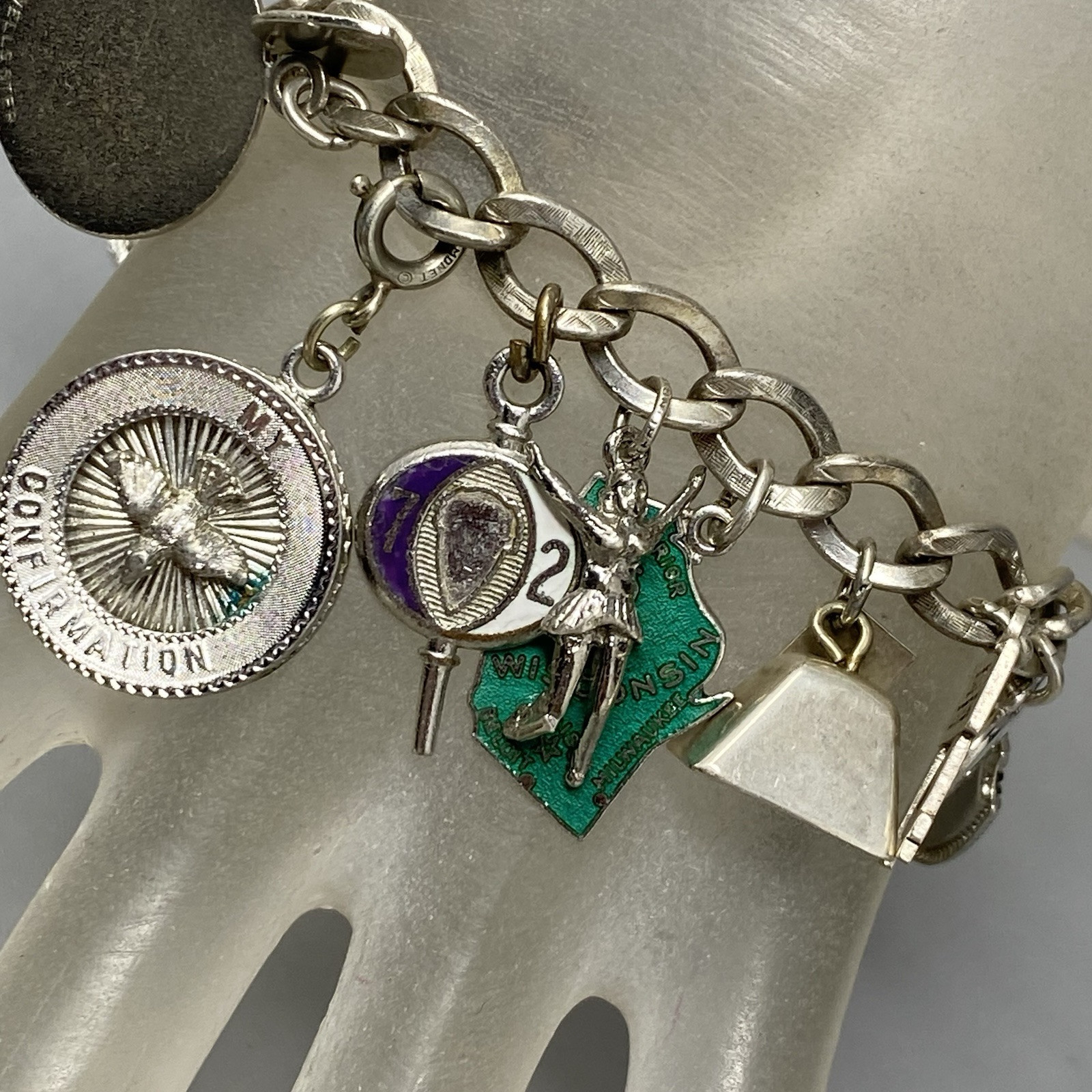VTG 20 Charm Bracelet Sterling Silver Birthday Natie Cowbell School Hearts 6.5″