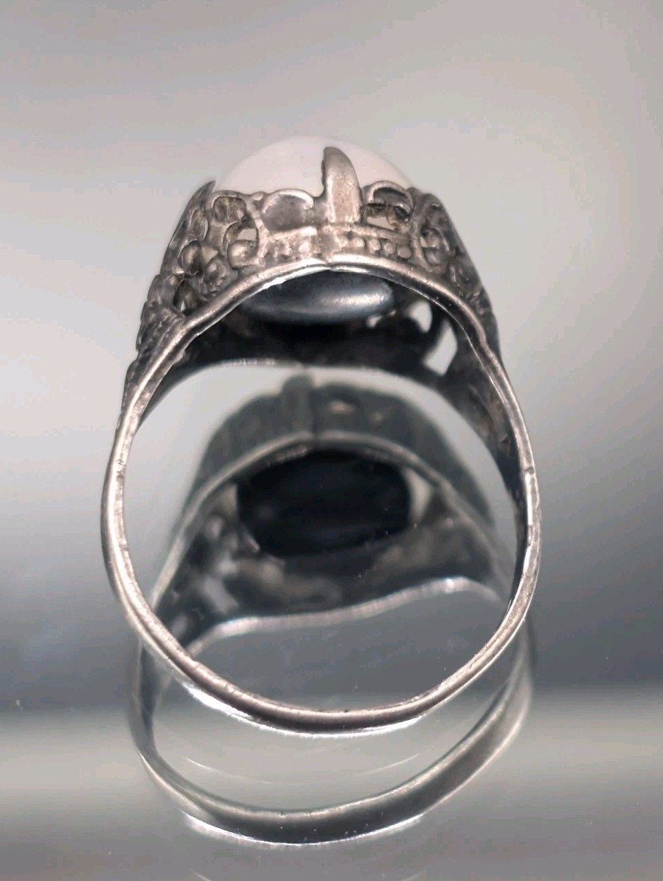 (4) MAGICAL MOONLIGHT! Antique Arts & Crafts Ring STERLING Silver Opaline Glass