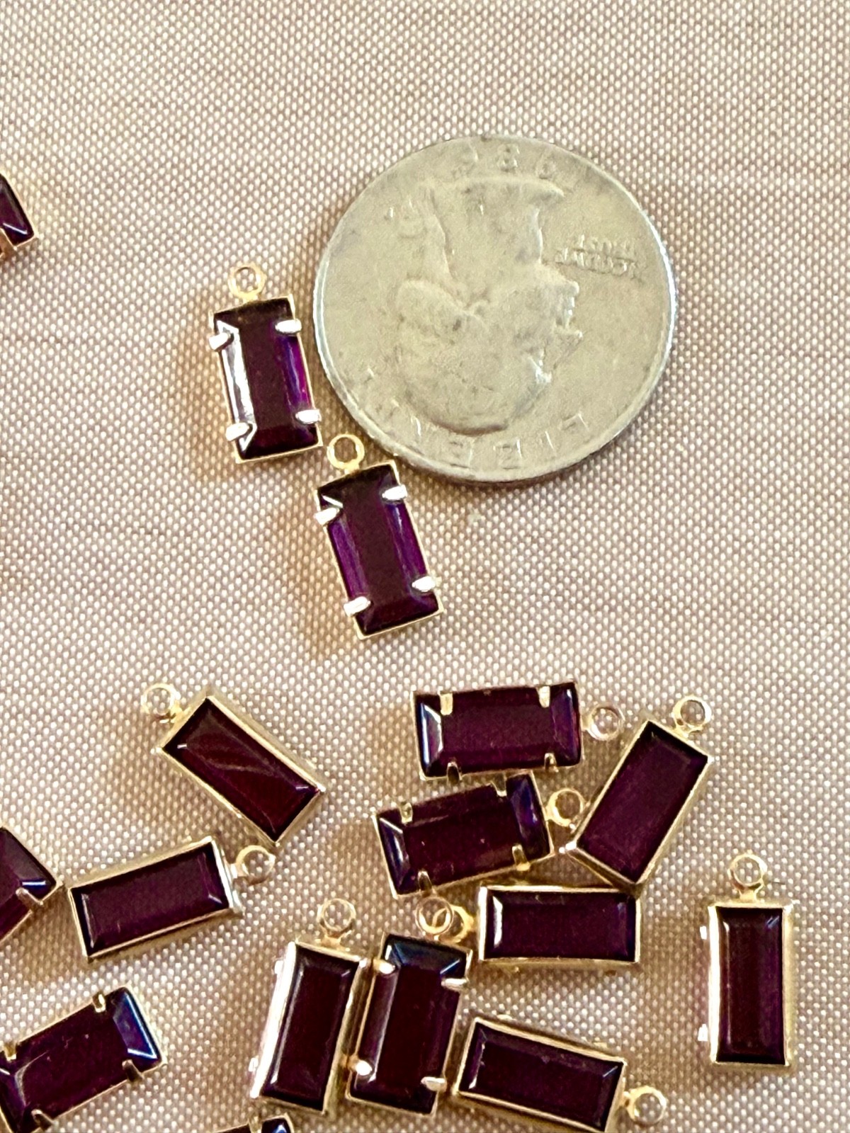 20 Vintage Brass Set Amethyst Emerald Cut Crystal Charms 8x4mm NOS Art Deco