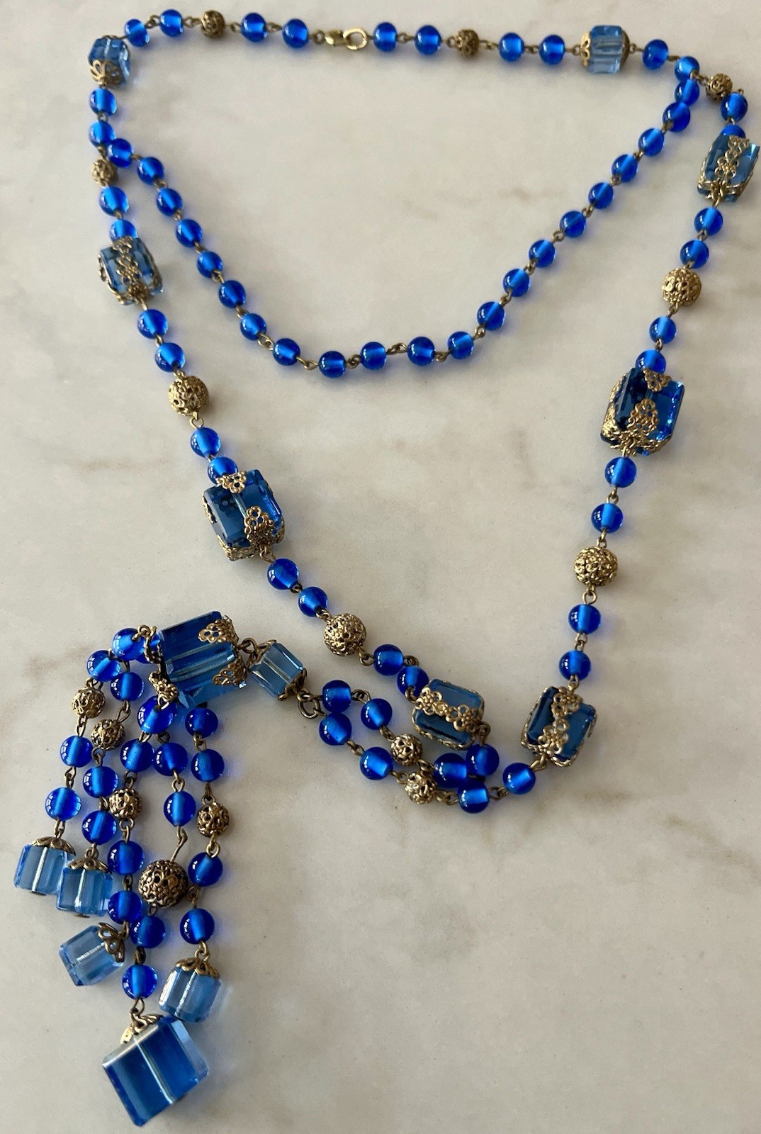 BRIGHT BLUE CRYSTAL/BRASS FILIGREE NEIGER BROS CZECH LONG VTG DECO 20s NECKLACE