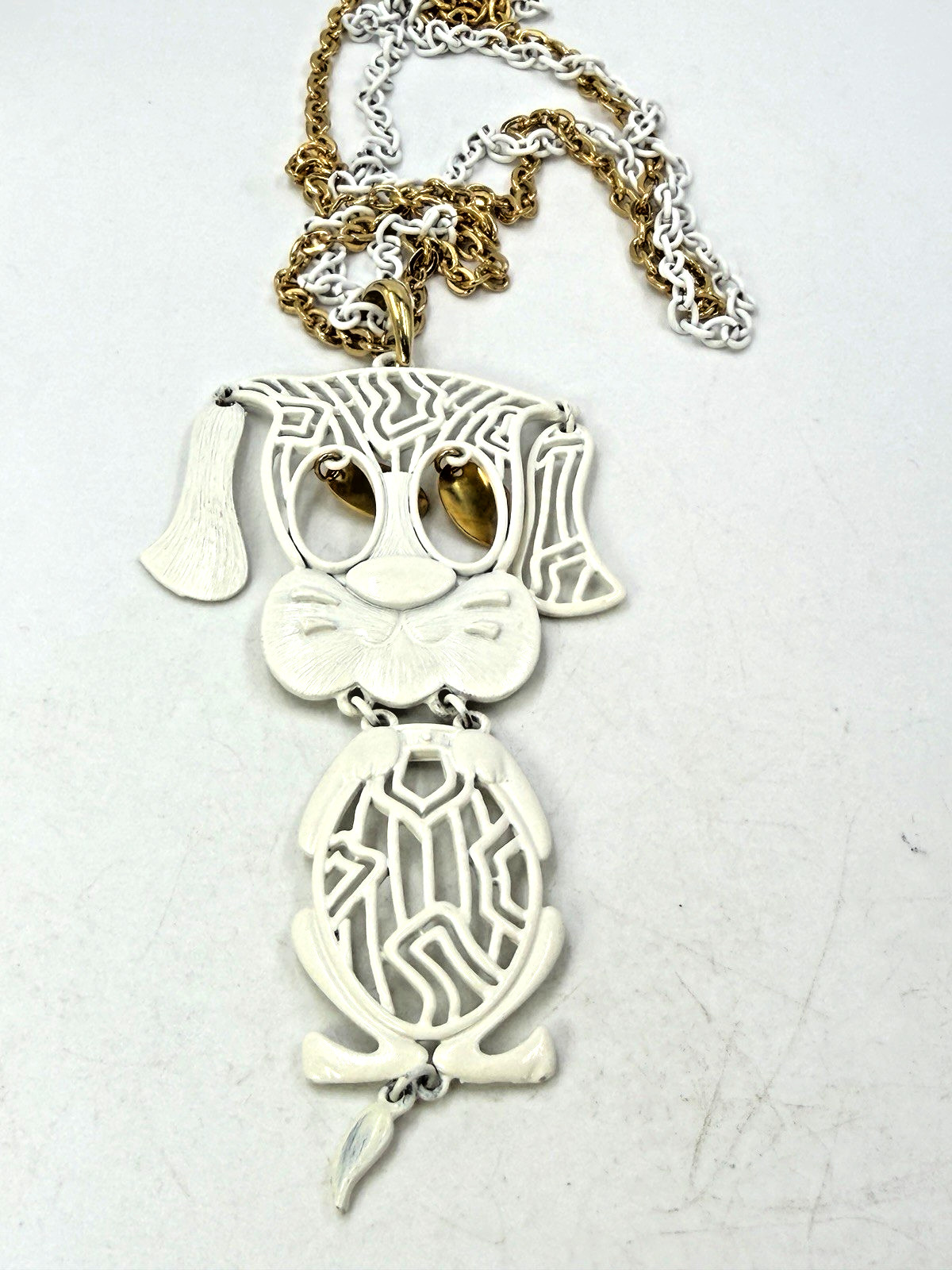 Vintage Necklace Dog Pendant Articulated White Dangle Chain 24 In Signed Alan