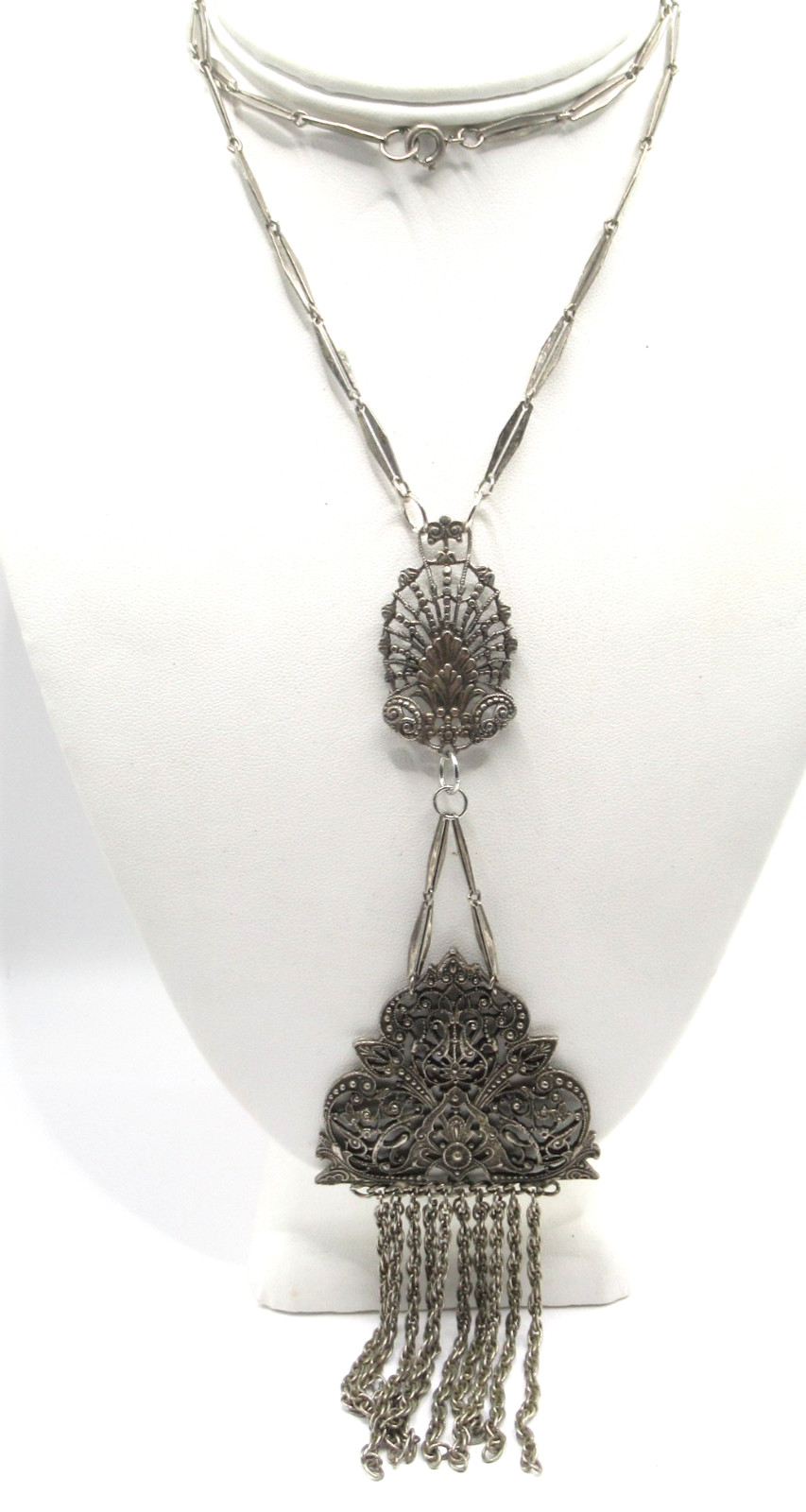Dark Silver Tone Very Long Abstract Pendant Necklace Old w Fringe