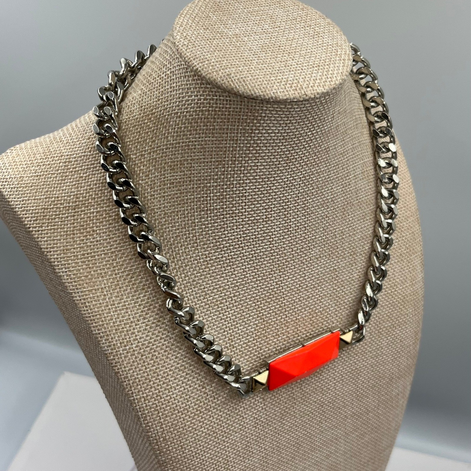 VTG Statement Chunky Silver Tone Curb Chain Necklace Faceted Rectangle Pendant