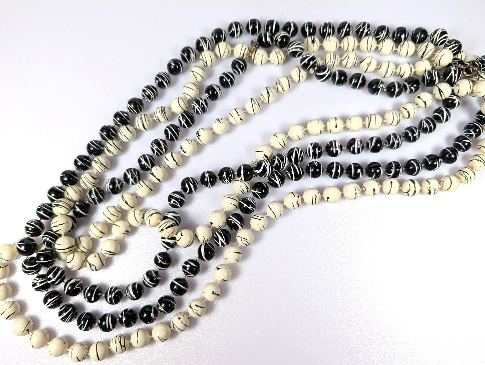 Vtg Black and White Paint Splatter Long Beaded Necklace LOT 54″ each