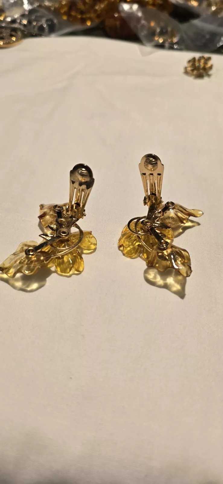 Golden Clear Mid-Century Dogwood Ear Climber Clip On Acetate Earrings#D2021