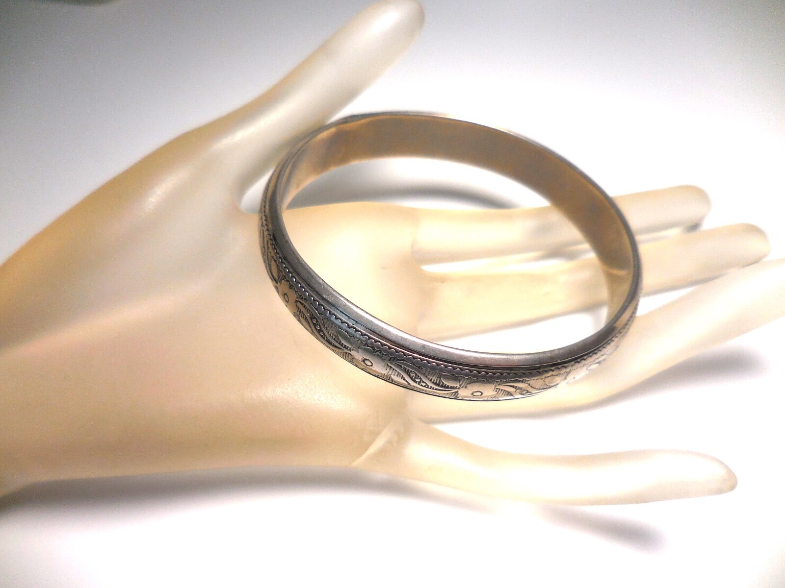 Antique Silver Alloy Bangle Bracelet Floral Engraved Vintage Estate Jewelry