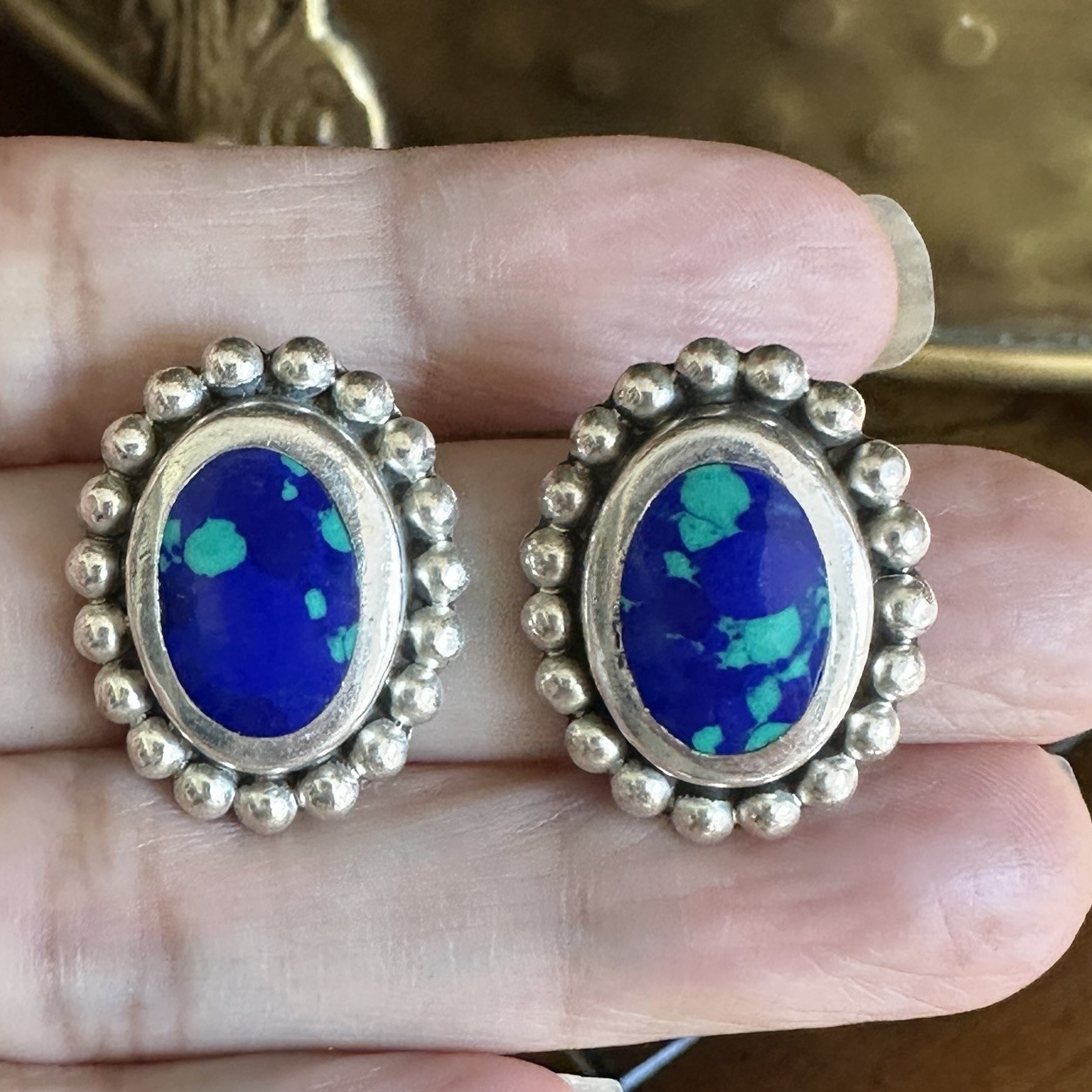 Vintage Mexico Stud Earrings 1″ Azurite Malachite Bead Accent 925 Sterling 8.8g