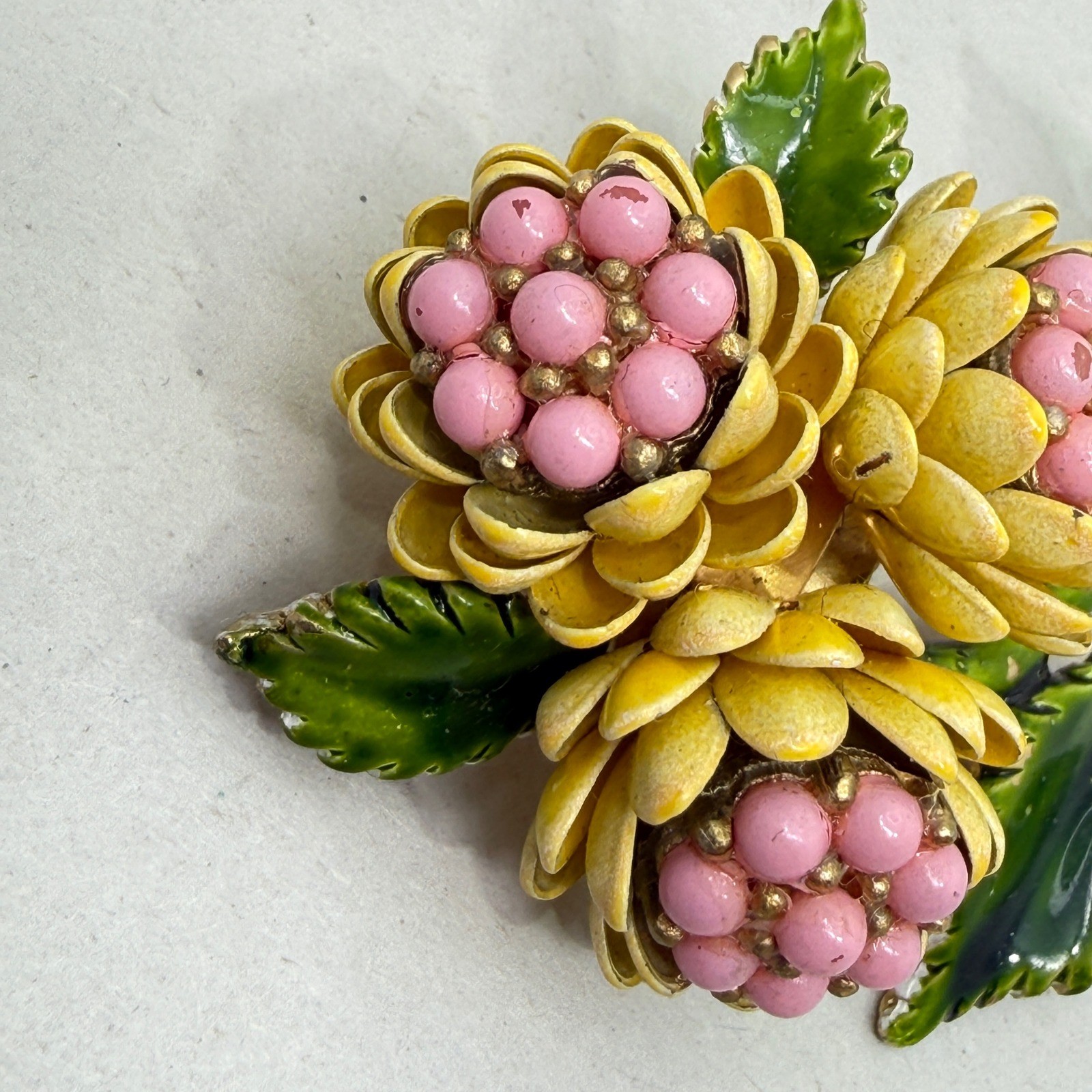 Vintage Enamel Flower Brooch Yellow Pink Green Floral Mid Century Botanical 3″