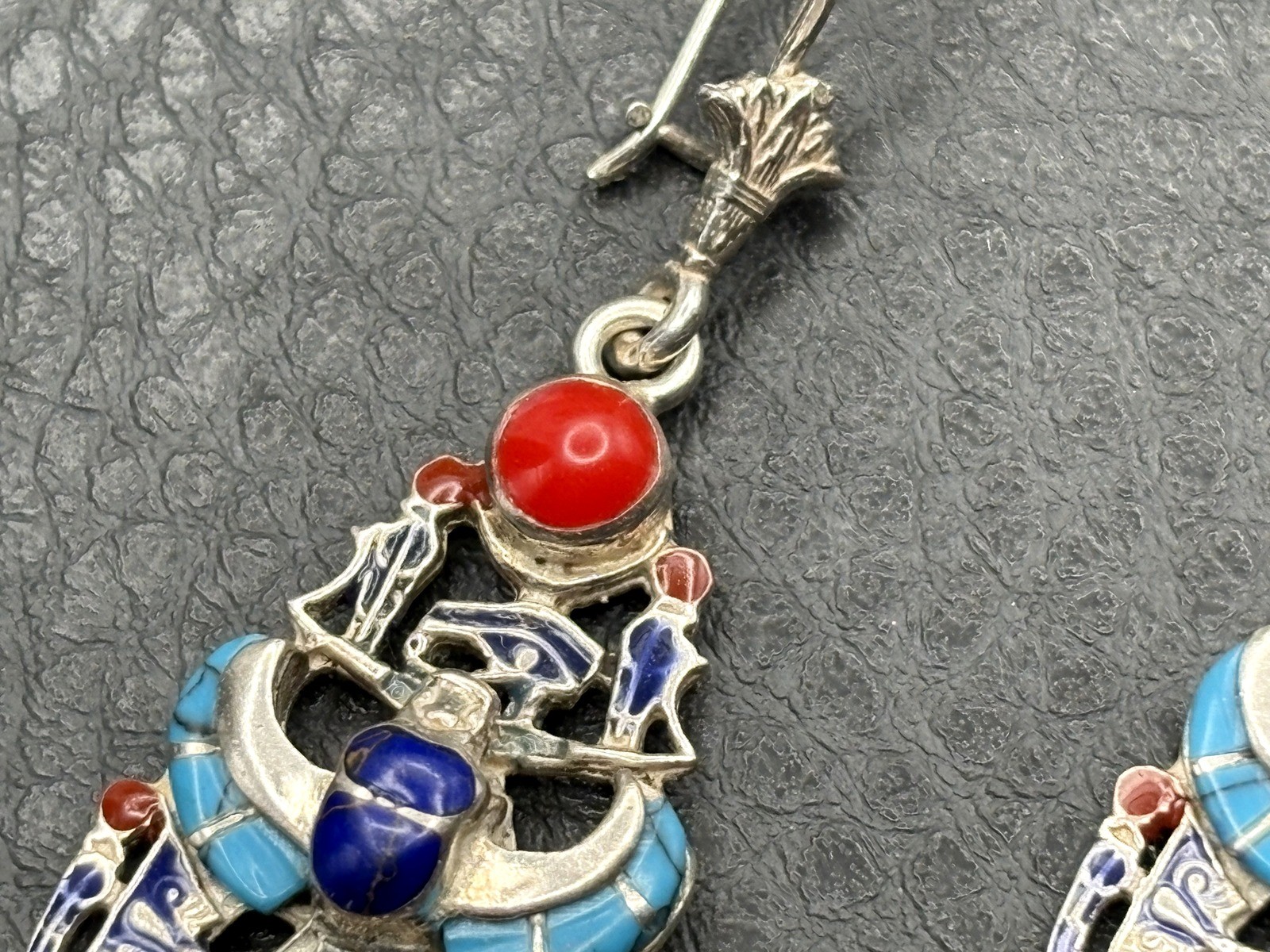 Sterling Silver Egyptian Revival Enamel Chandelier Earrings Scarab Hieroglyph