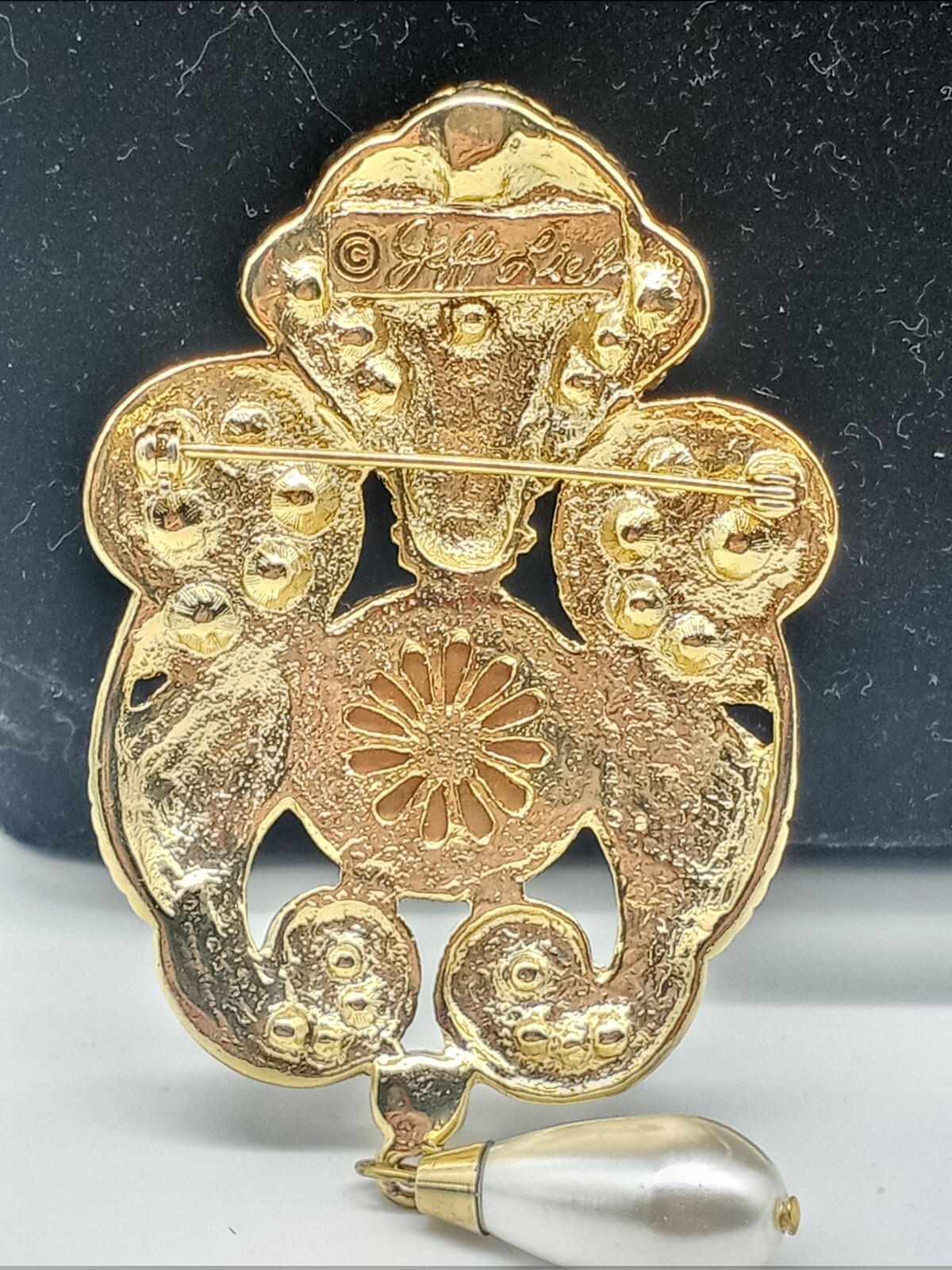 Jeff Lieb 1980s Goldtone Large Brooch Purple Cabachon And Faux Pearl Dangle