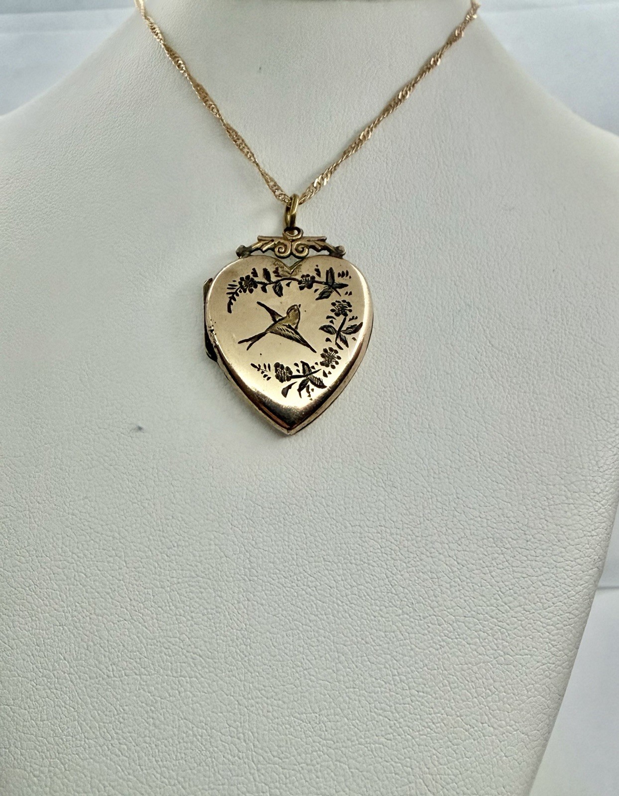 Victorian Aesthetic Movement Bird & Flower Vines Double Sided RG Locket Necklace