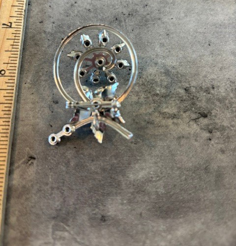 Vintage Silver Tone rose and Blue Rhinestone Flower Brooch Pin
