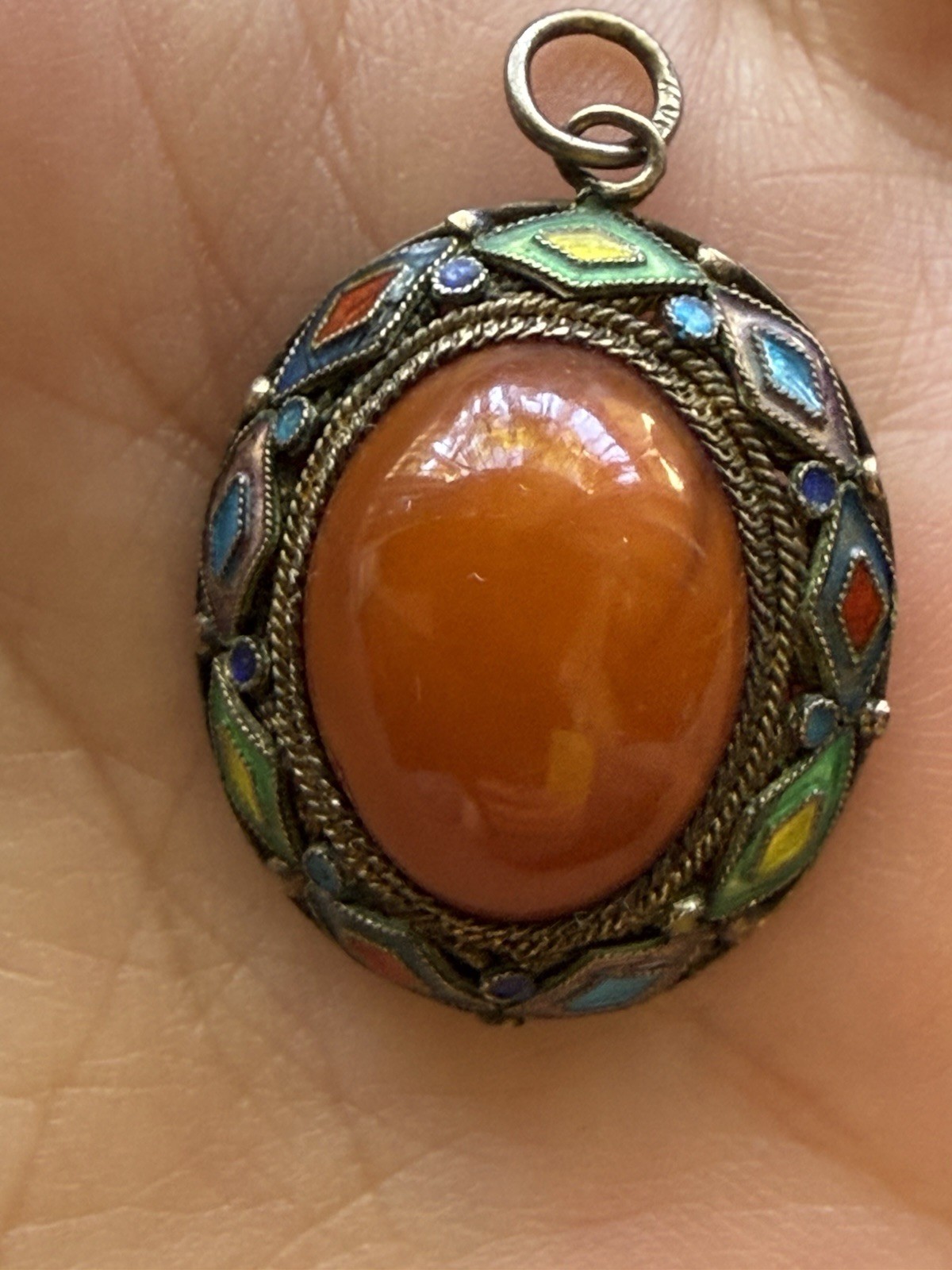Vintage Chinese Export Enamel Filigree Pendant w/ Rich Orange Butterscotch Amber