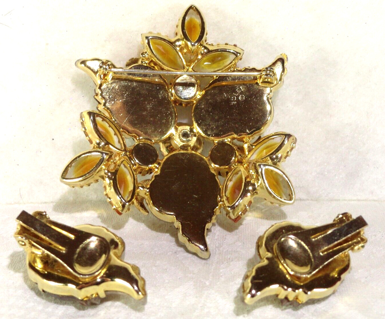 VTG AMAZING EDLEE TOPAZ GIVRE’ MOLDED/ART GLASS ORANGY RS BROOCH PIN EARRING SET