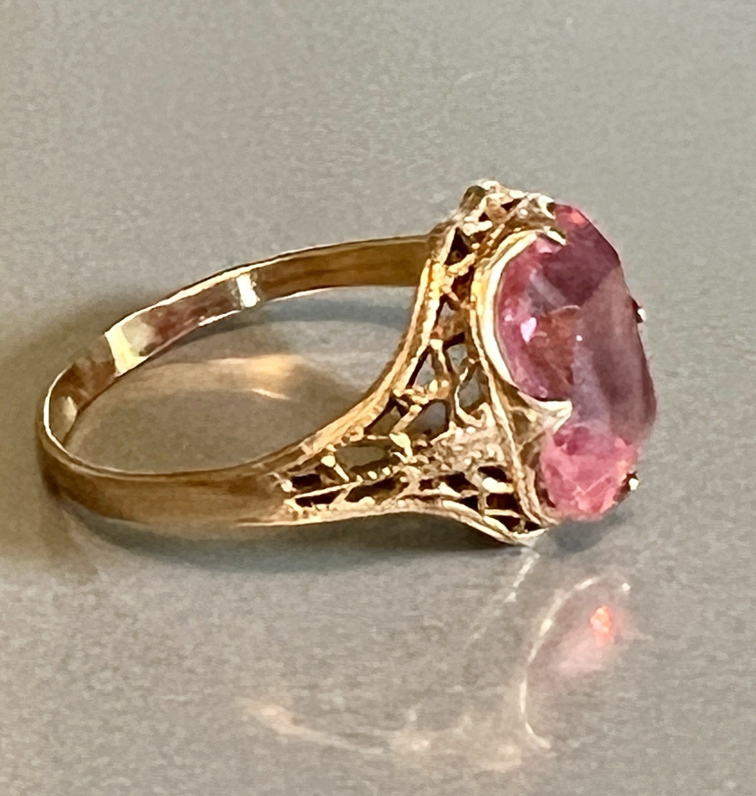 Art Deco Vtg Filigree Pink Cushion Jewel Ring 14K RGP Gold Clark & Coombs 7.5