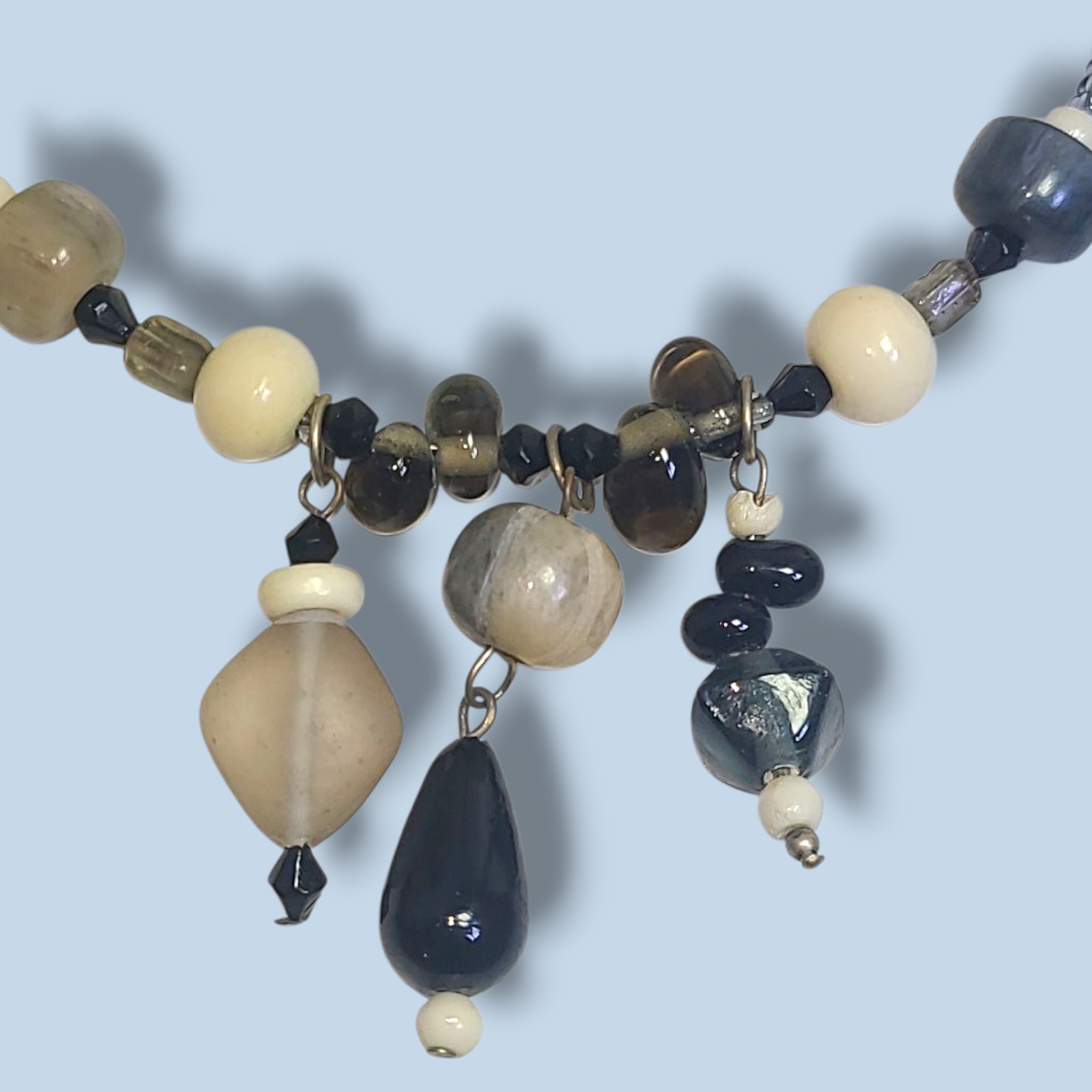 Memory Wire Glass Bead Choker Necklace Dangle Charms Neutral Black Cream