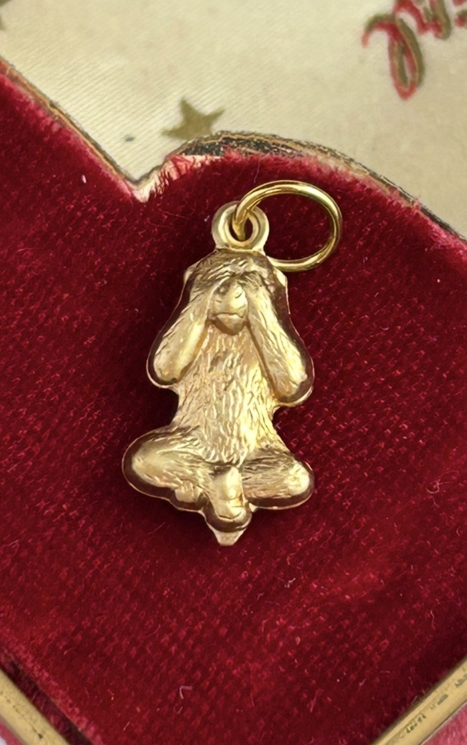 Vintage Charm See No Evil Monkey Necklace Pendant Puffy Brass Metal Jewelry