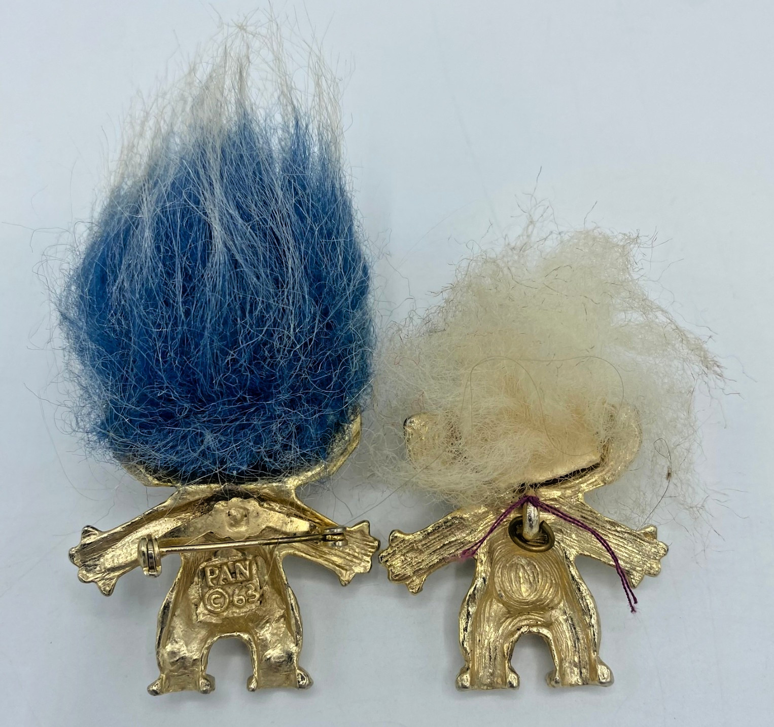 Vintage PAN ©1963 Troll Doll Brooch Pin Lot 2 Googly Eyes Blue & White Hair