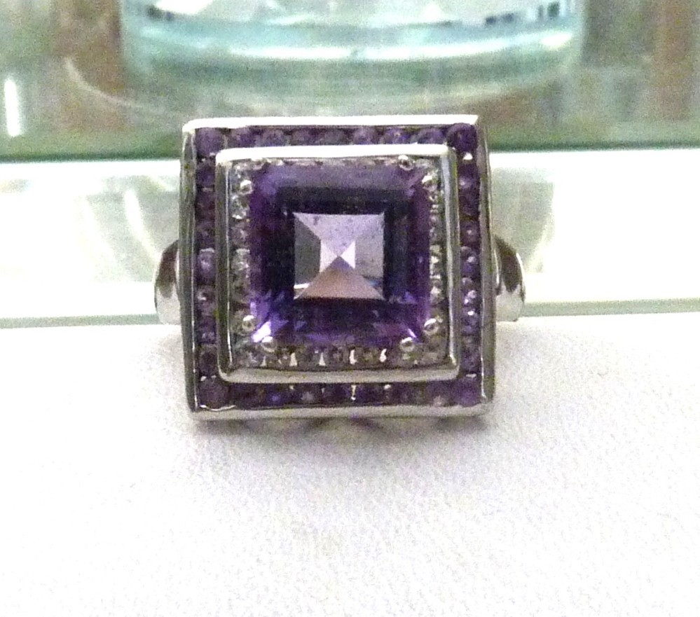 DESIGNER TC 5.62 ASSCHER AMETHYST HALO WHITE ZIRCON STERLING SILVER RING SZ 10
