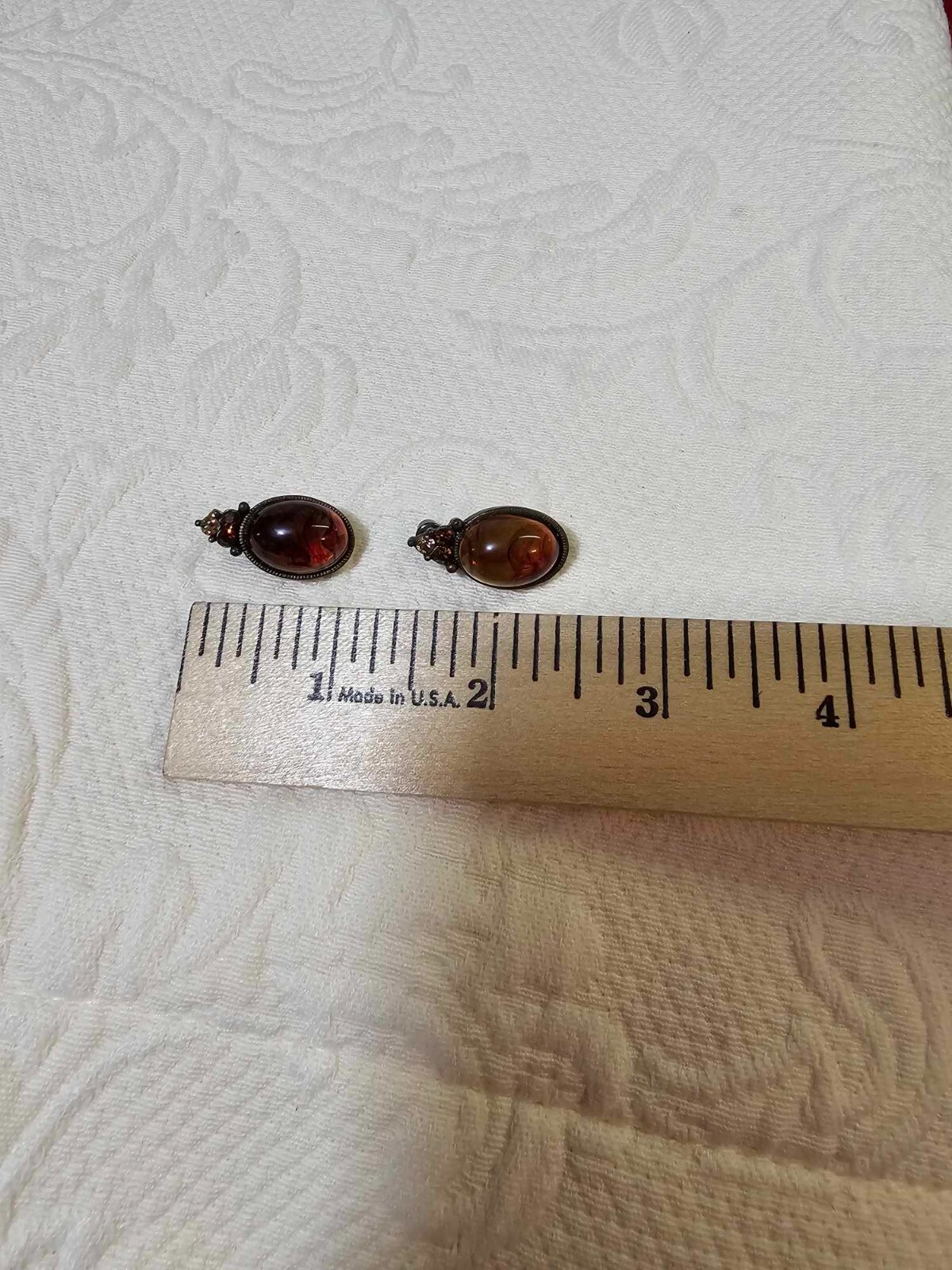 Vtg Stud Earrings w/ Polish Amber Brass Metal