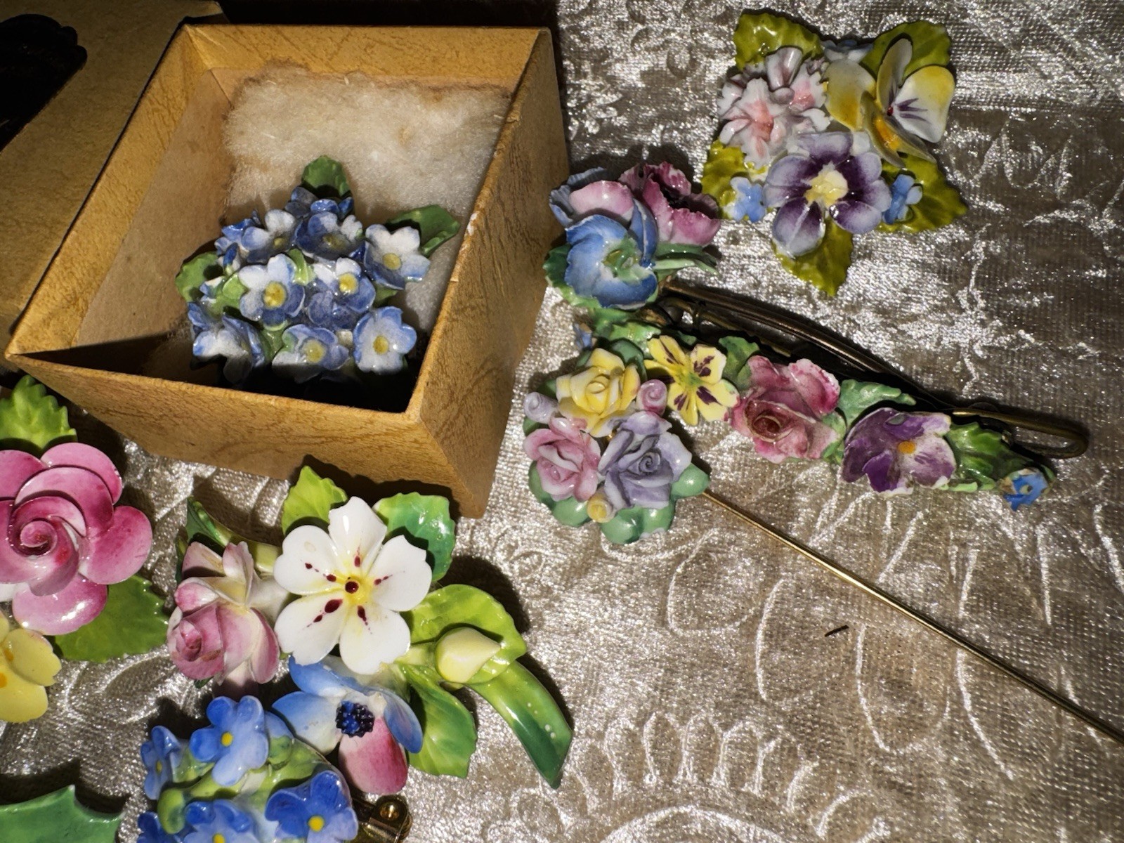 Vtg Jewelry Lot Signed English Fine Bone China Flower Art Brooch Earring Garden