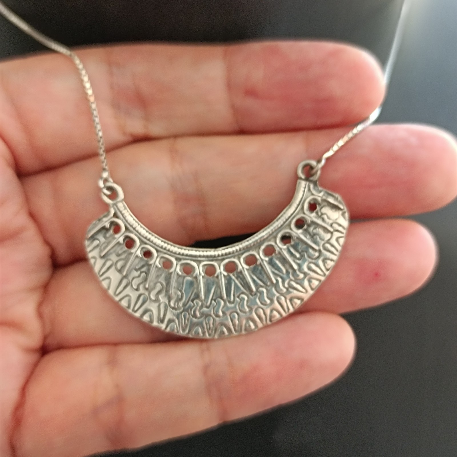 Vintage Sterling Silver Moon Crescent Necklace Ethnic Folk Inspired Engraved Bib
