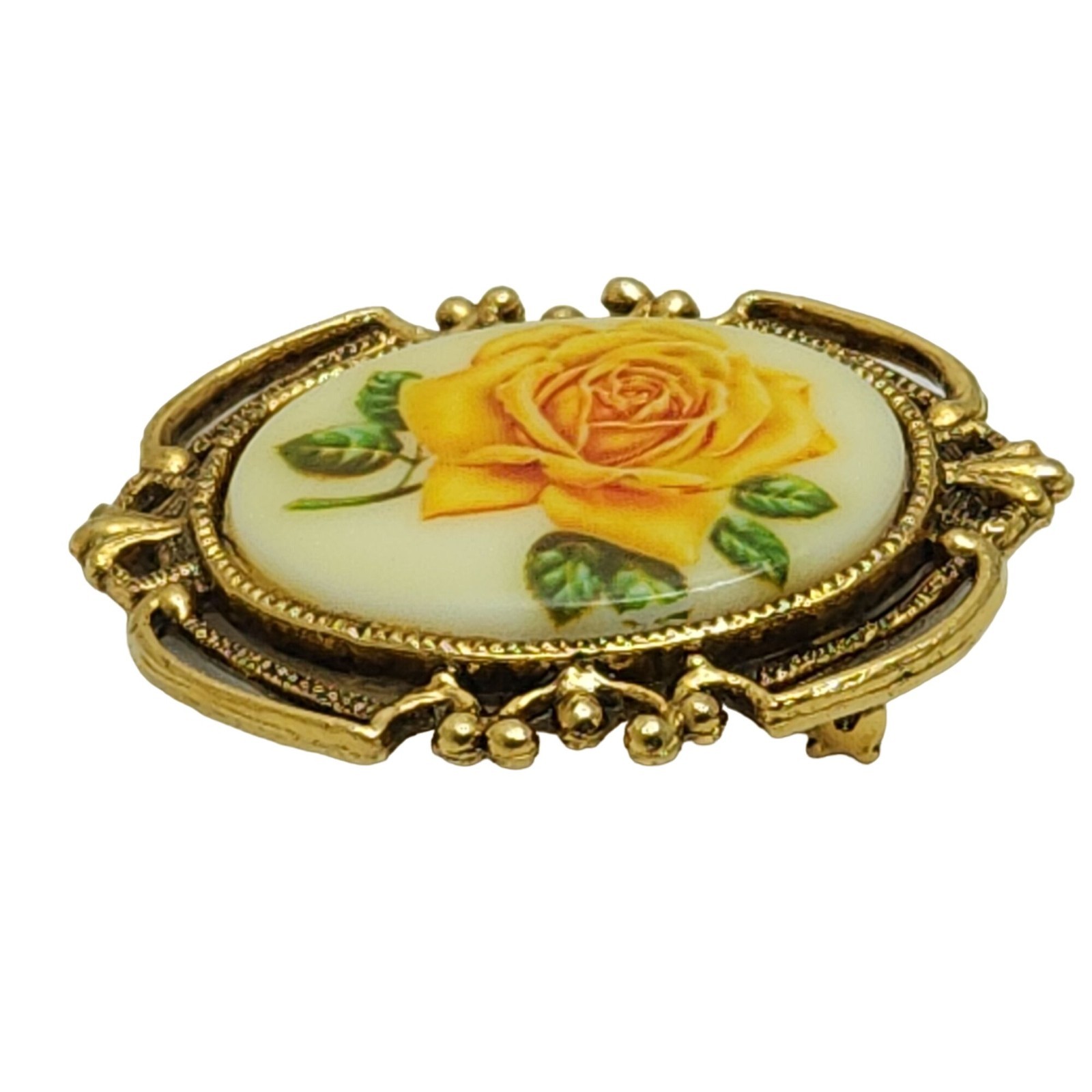 Vintage Yellow Rose Cameo Brooch Gold Tone Ornate Pin Romantic Gift for Her