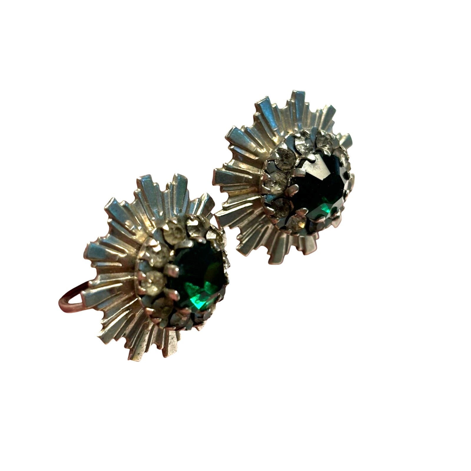 Vintage screw back earrings textured silvertone & deep green rhinestone centers