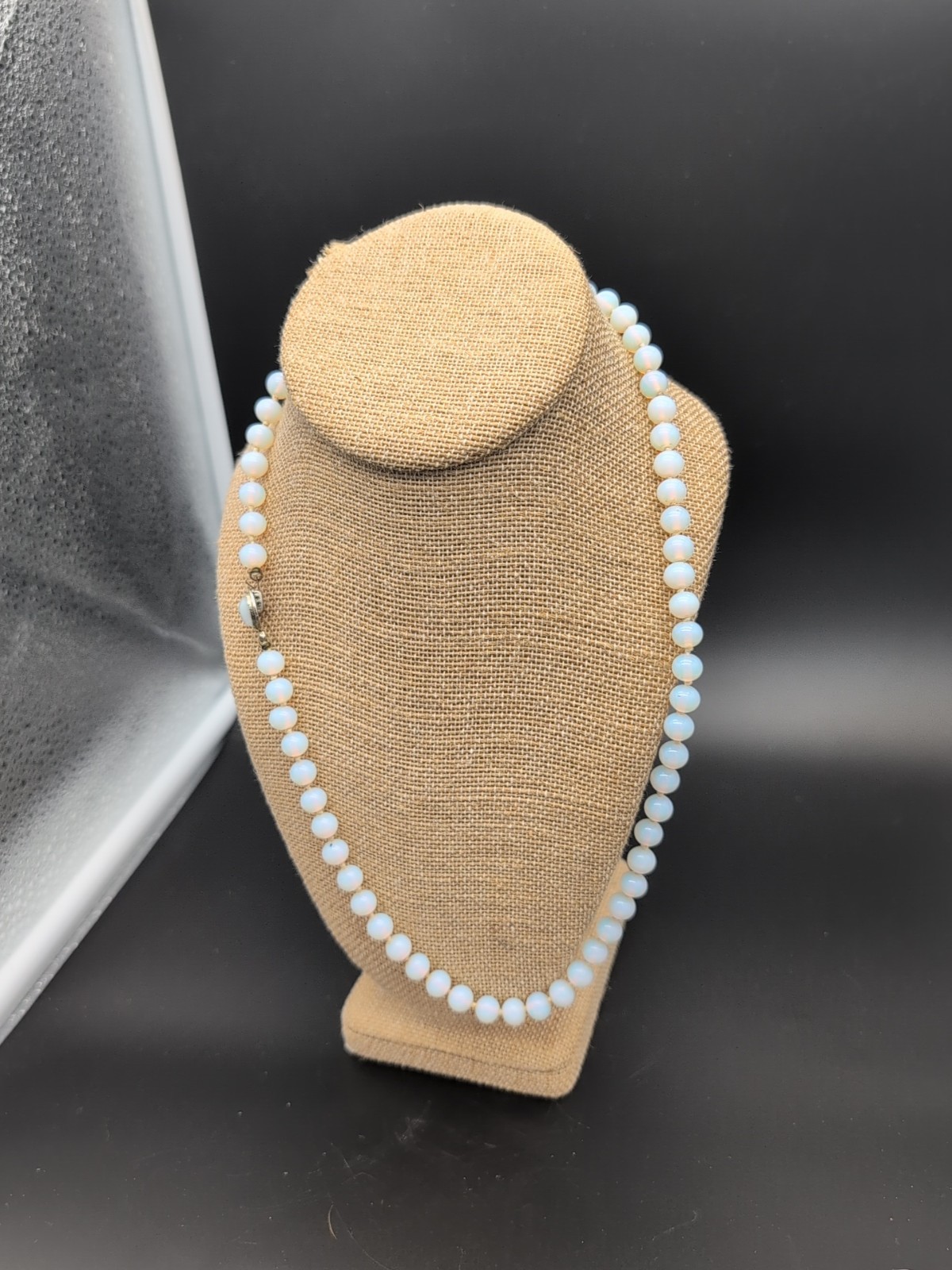 VINTAGE OPALITE OR OPALINE OPALESCENT GLASS BEAD NECKLACE HAND KNOTTED 23″