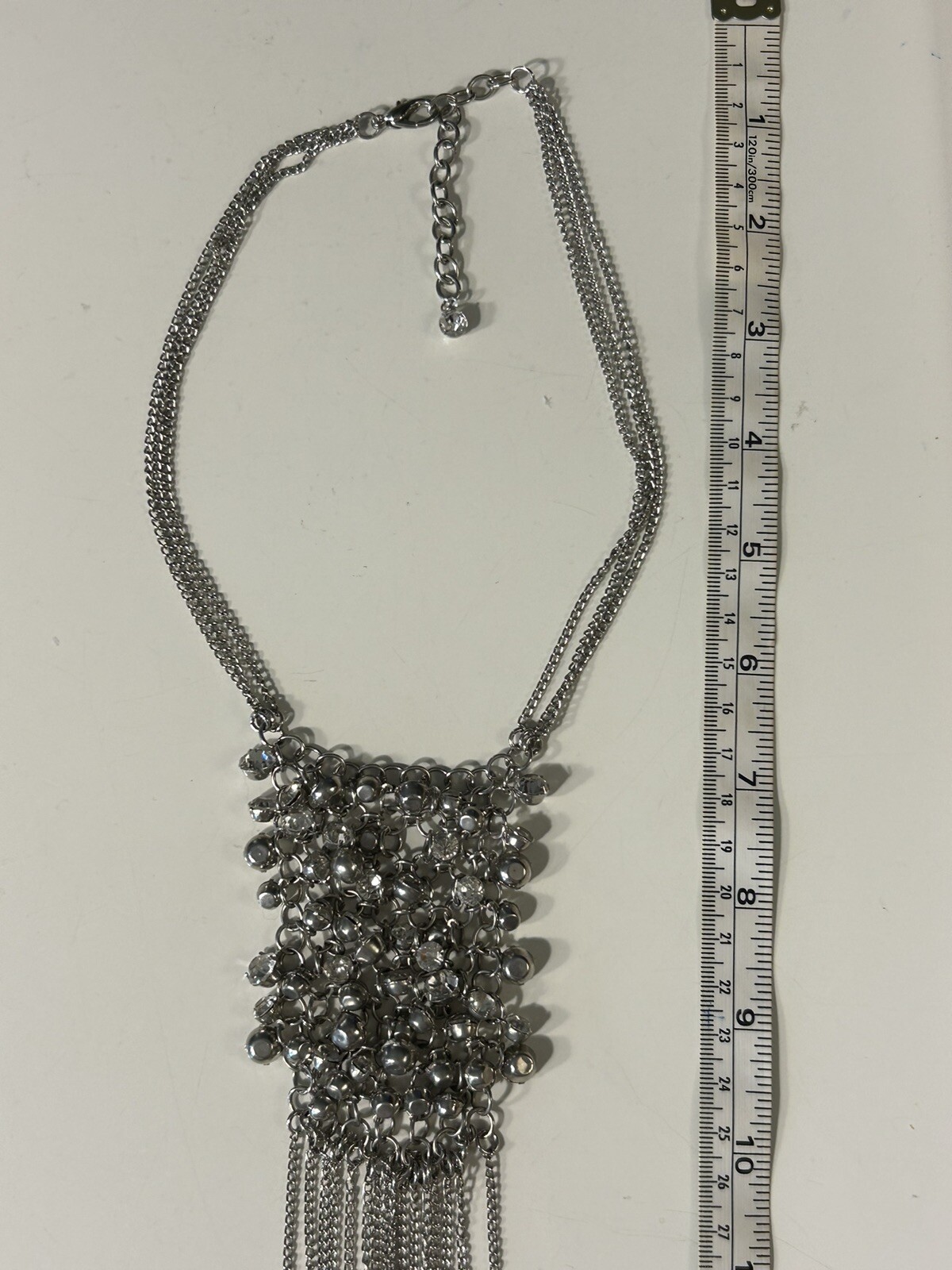 Vintage Silver Toned Bib Necklace with Multiple Rhinestones & Tassels
