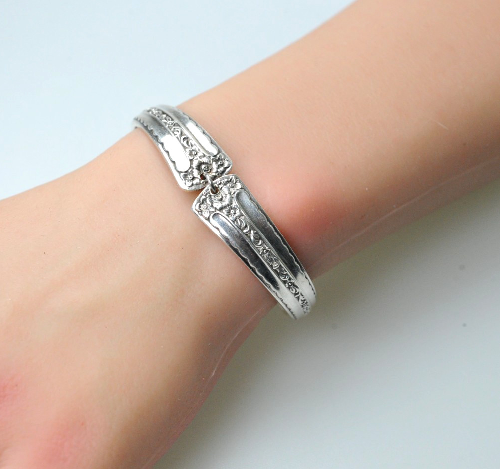 Silver plate spoon bracelet victorian floral style hand made small AT15