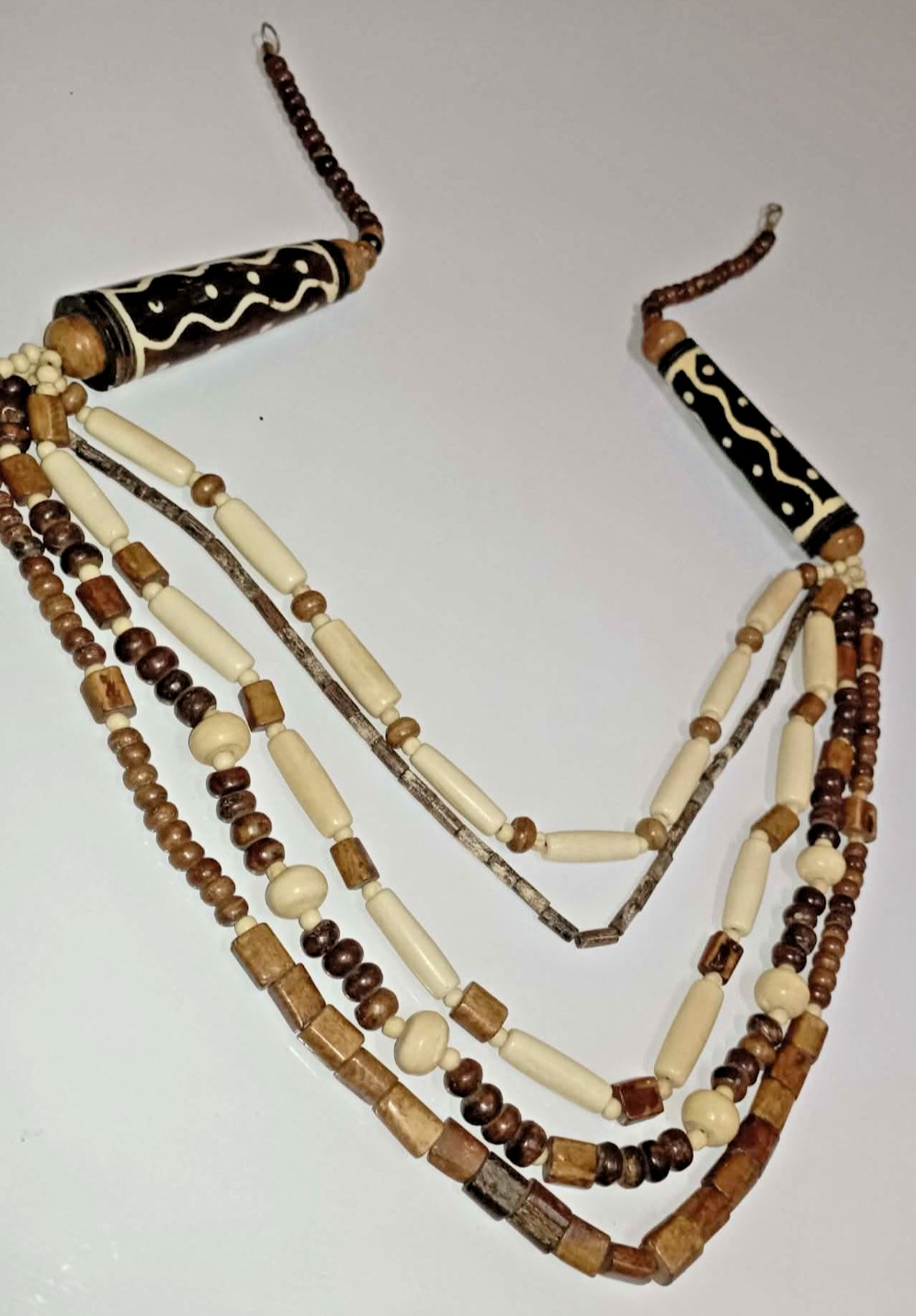 Vintage Wooden Beaded Necklace Multi Strand Brown Tan Statement Tribal Boho