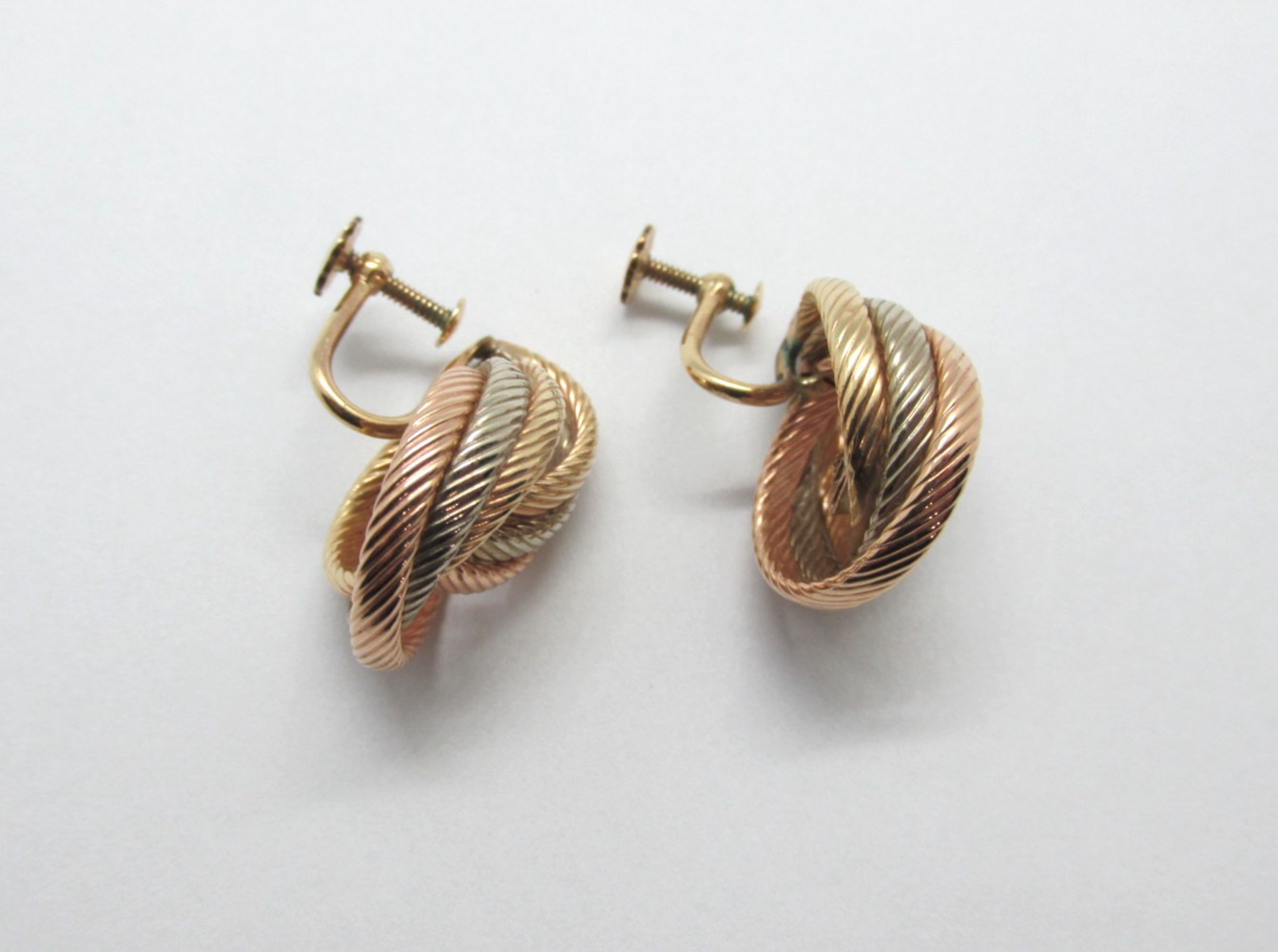 14K Gold Filled Tri Tone Knot Screw Back Earrings Classic Style 1″ -5.8 Grams